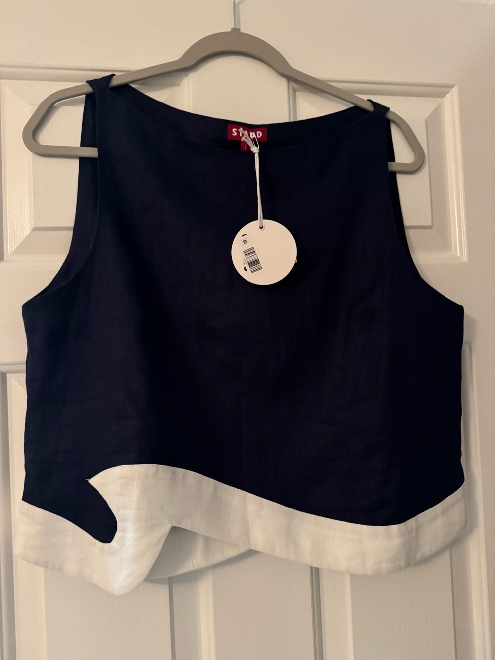 Staud Navy and White Sleeveless Top
